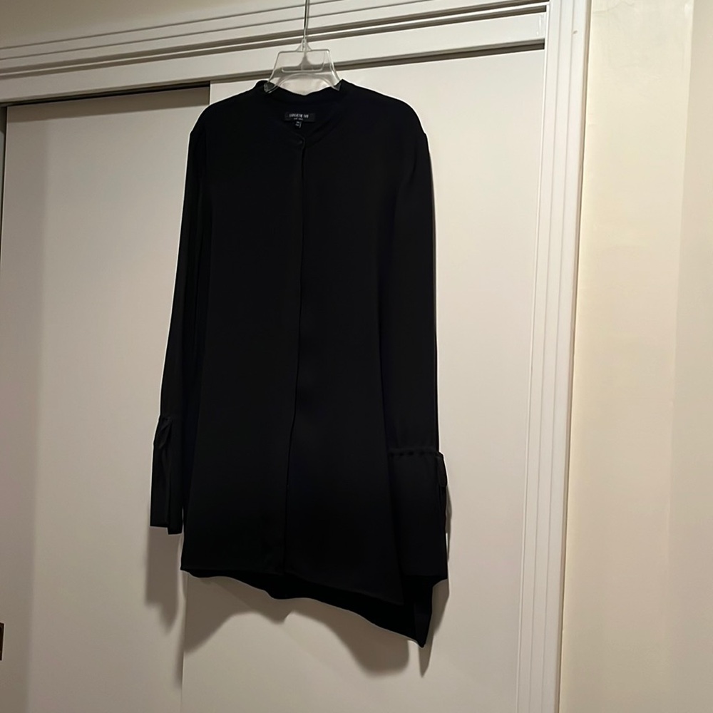 Lafayette 148 black silk crepe hi low tunic.  Long split cuffs with drawstrings.